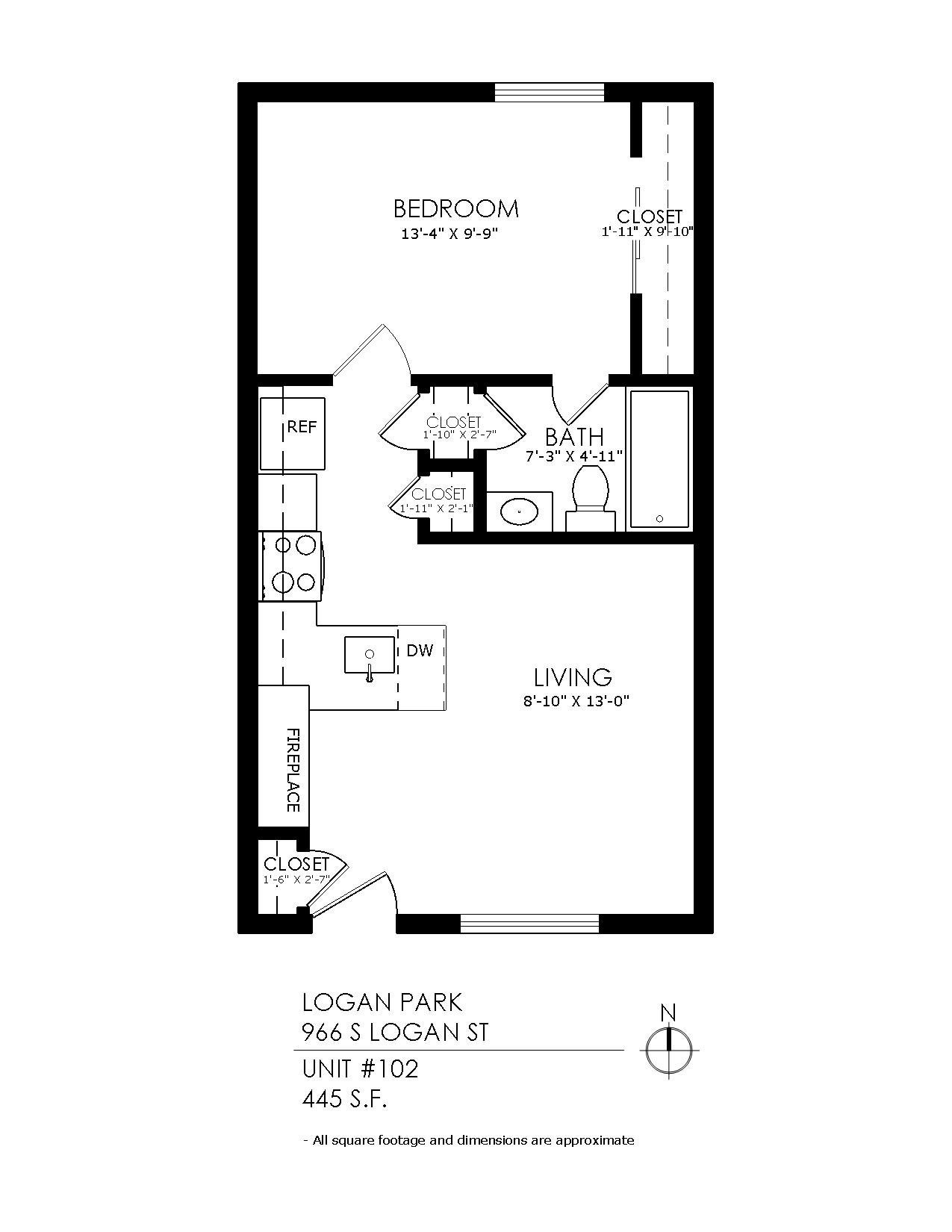Floor plan for 1 bed, 1 bath, 445 sqft
